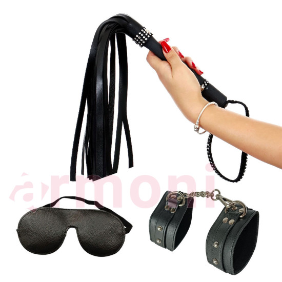 3lü Fetish Set - Kırbaç - Kelepçe - Kapalı Göz Maske 3lü Fetish Set - Kırbaç - Kelepçe - Kapalı Göz Maske