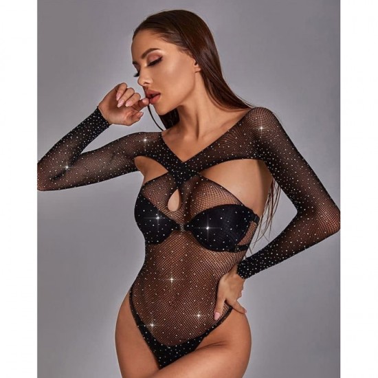 Parlayan Taşlı Kollu Seksi Bodydoll Vücut Çorabı