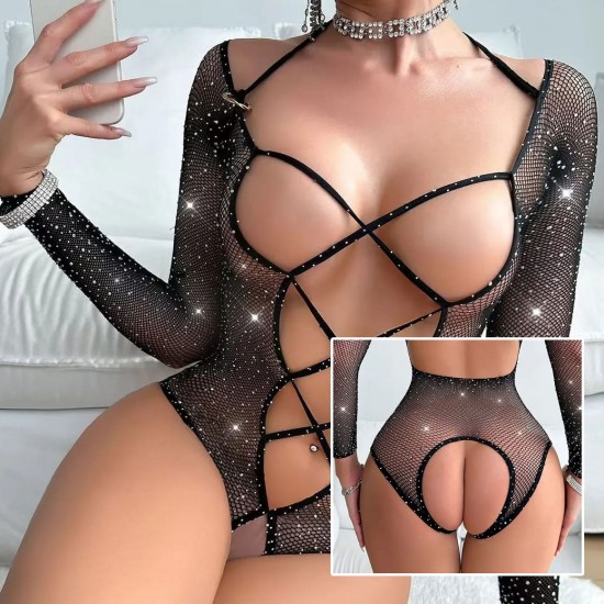 Kalça ve Ön Açık Parlayan Taşlı Bodydoll Vücut Çorabı