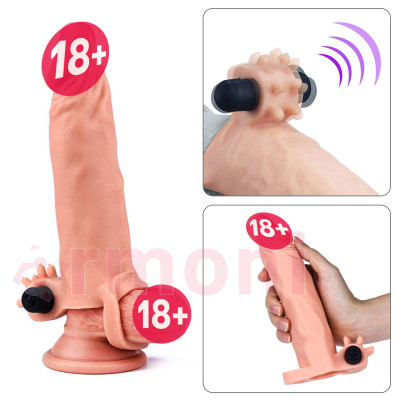 Titreşimli, Cilt Dokusunda Klitoris Uyarıcılı Uzatmalı Penis Kılıfı